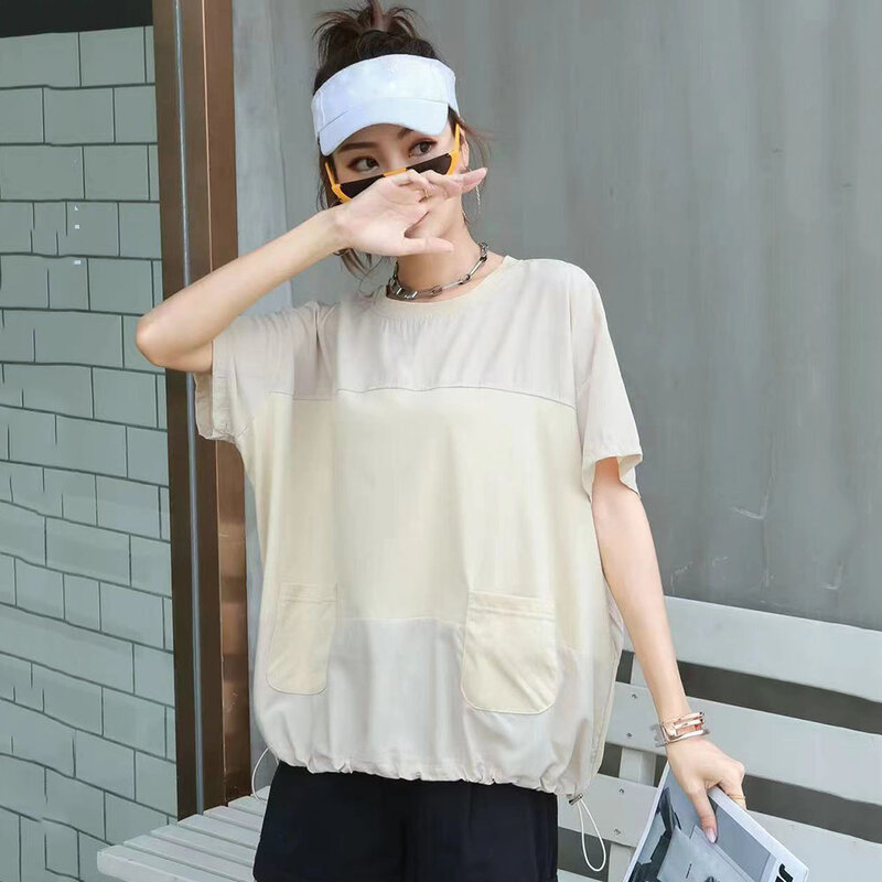 2021 여름 새로운 패션 여성의 느슨한 캐주얼 단색 단순성 라운드 넥 여름 티셔츠 포켓 드로 스트링 일본식
