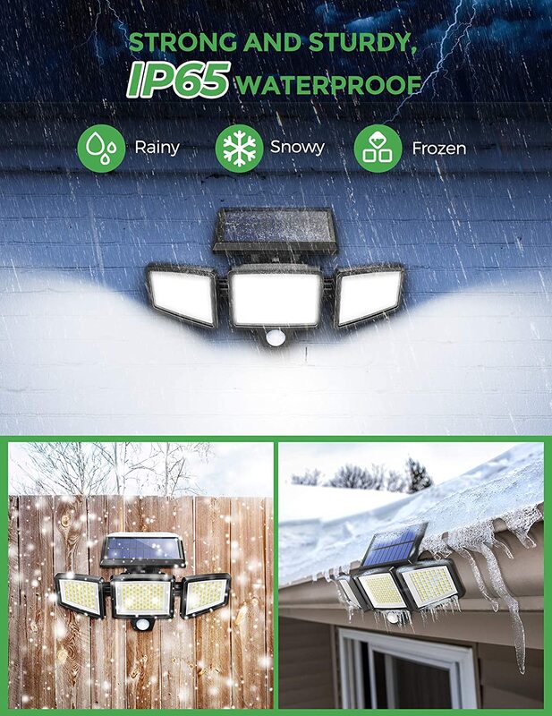 LITOM-Luz LED Solar para exteriores, lámpara de pared con Sensor de movimiento de 3 cabezales, 2 colores y 4 modos de temperatura, impermeable IP67, 304 LED