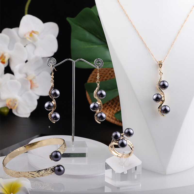 Cring Coco-Conjunto de joyería de perlas simples para mujer, collares chapados en oro, pendientes, collar polinesiano, pulsera hawaiana, anillo