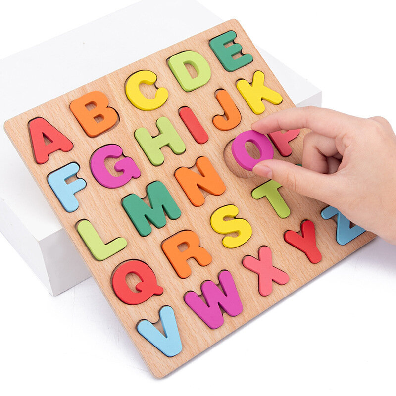 Placa de madeira para crianças, jogo de letras do alfabeto em inglês, brinquedo educacional infantil