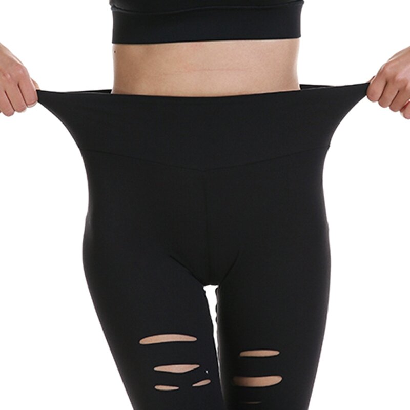 2021New Fashion Women Leggings Stretch Cut Out strappato Hollow Hole Fitness pantaloni da corsa a vita alta pantaloni sportivi da indossare