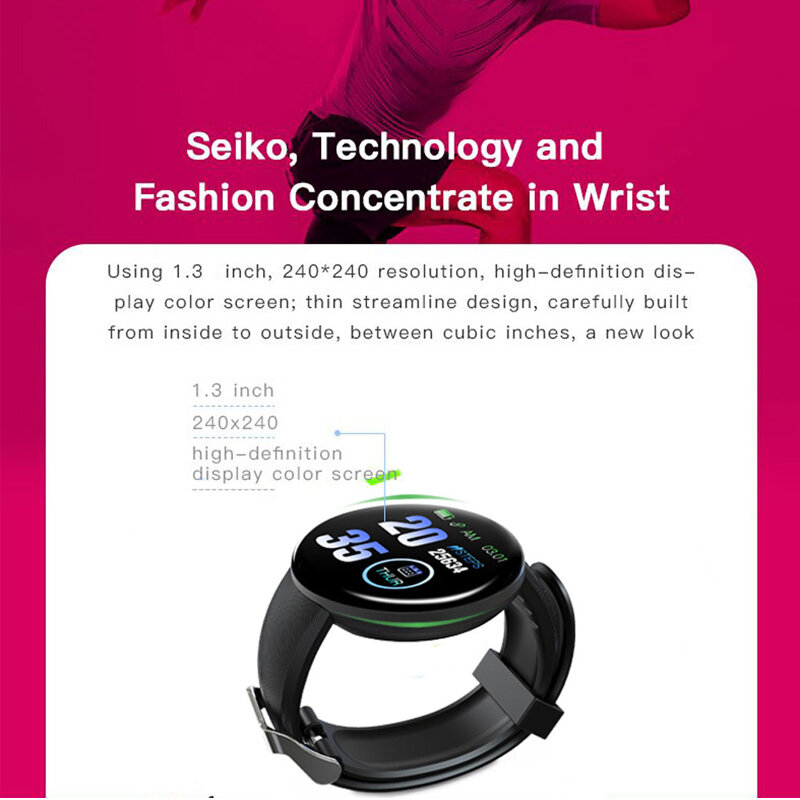 D18 새로운 스마트 시계 남자 혈압 라운드 블루투스 smartwatch 여성 시계 방수 스포츠 트래커 whatsapp 안드로이드 ios
