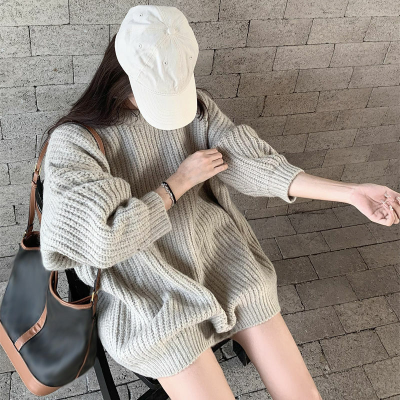 Deeptown Sweter Rajutan Solid Gaya Korea Wanita Longgar Leher-o Elegan Pullover Mode Harajuku Jumper Musim Gugur Musim Dingin Perempuan