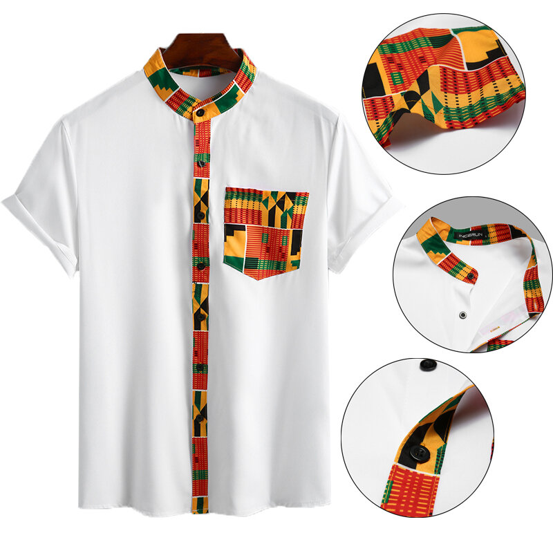 INCERUN Kaus Kerah Tegak Lengan Pendek Bunga Pria Baju Motif Etnik Vintage Kancing Longgar Streetwear Pakaian Afrika S-3XL 7