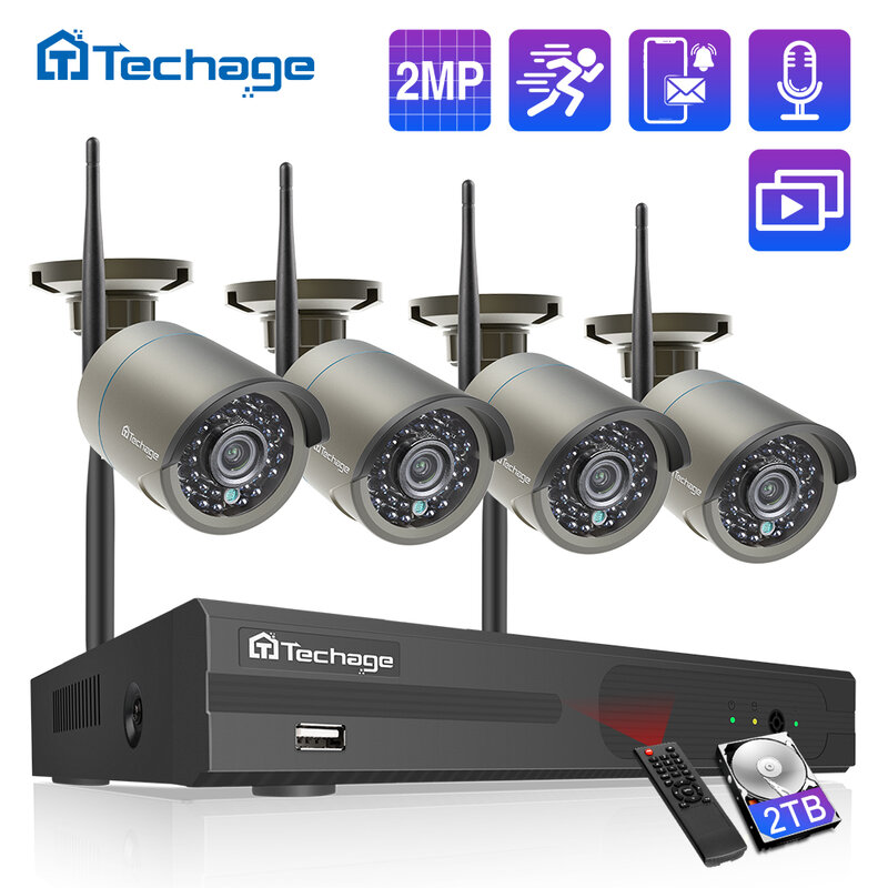Techage – caméra IP de vidéosurveillance 8CH, 1080P, 2mp, système de sécurité NVR sans fil, avec enregistrement Audio, WiFi, IR, pour l'extérieur
