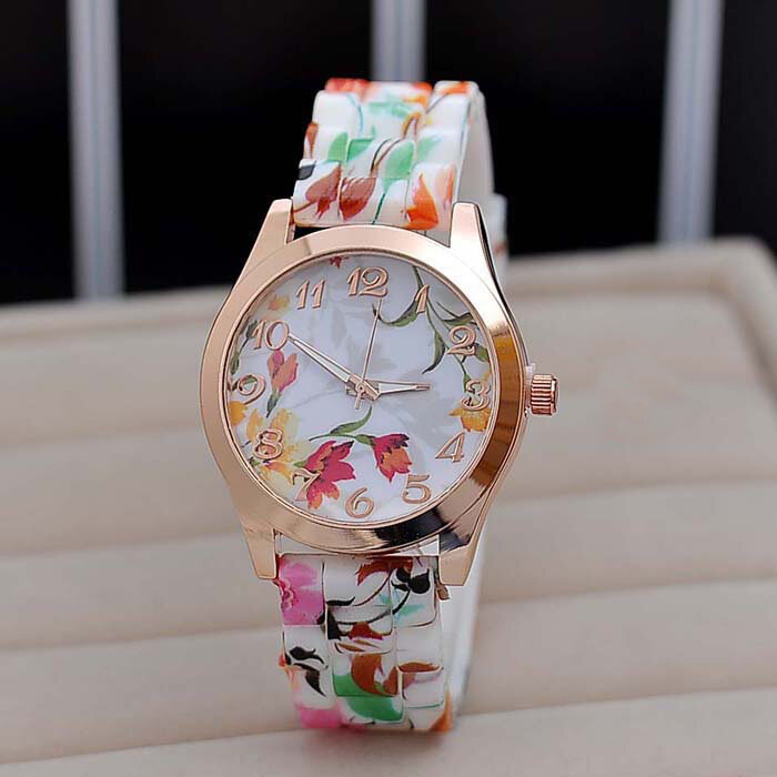 Relojes de pulsera para mujer, de cuarzo, informal, de silicona, con estampado de flores especiales