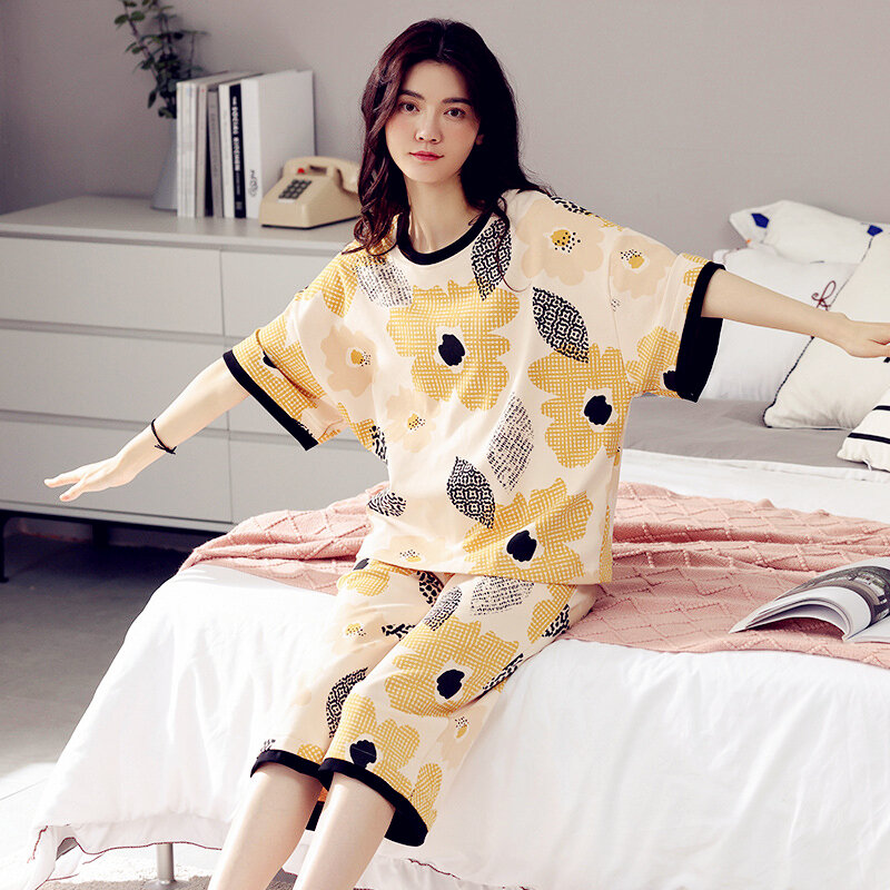 여성 잠옷 잠옷 세트 느슨한 대형 홈 슬리브 잠옷 반바지 Pijama 패션 란제리 귀여운 편안한 Homewear 양복