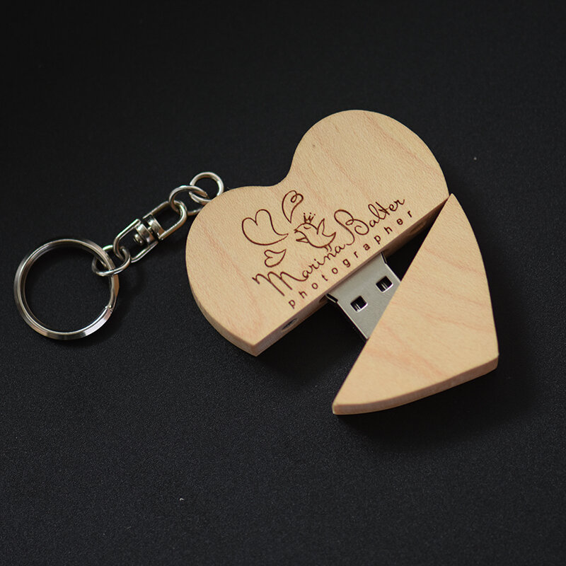 Jaster pendrive de madeira, coração, usb + caixa de presente, flash drive usb 2.0, 4gb, 8gb, 16gb, 32gb, 64gb (logotipo personalizado grátis), fotografia, casamento