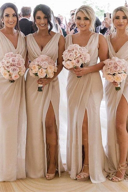 Hot Sale Simple Bridesmaid Dresses V-Neck Split Draped Mermaid Chiffon Wedding Guest Dresses 2022 Wedding Party Dress Cheap