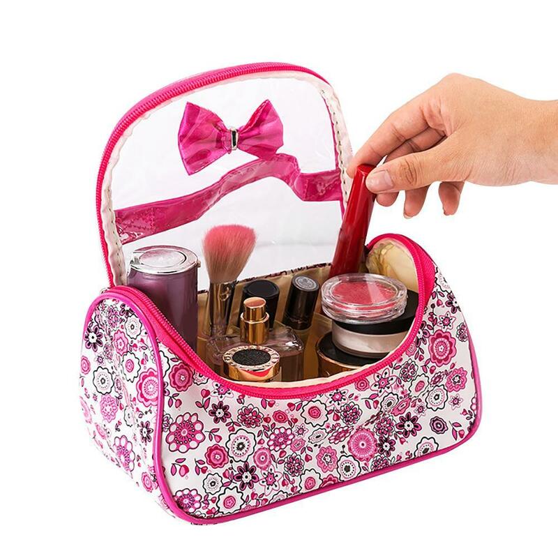 Bolsa de almacenamiento de maquillaje con estampado Floral, bolsa de gran capacidad con lazo y cremallera para cosméticos