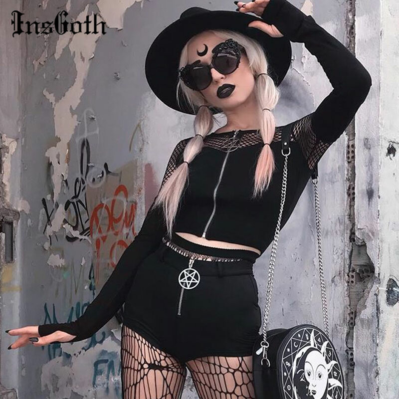 InsGoth Gothic Sexy Hollow Out Black Tops Harajuku Vintage Pentagram Zip Up Long Sleeve Tops Women Streetwear Punk Fish Net Tops