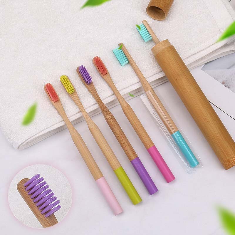 Cepillo de dientes de bambú ecológico para adultos, cerdas suaves, punta de carbón, cuidado bucal, colores variados