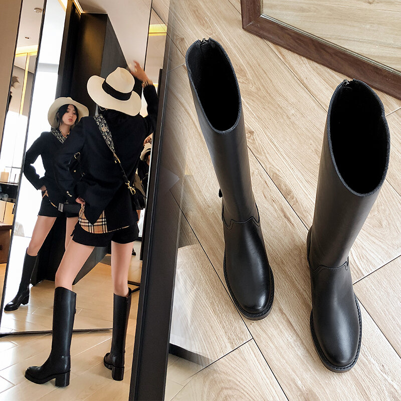 Women knee-high boots natural Leather shoes plus size 22-27 cm length 6cm heel cow leather autumn and winter warm plush shoes