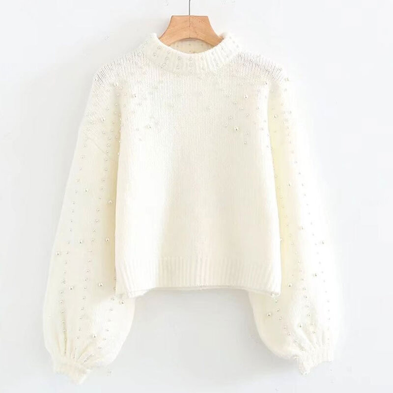 Sweter Rajut Fashion Musim Gugur Musim Dingin 2021 Atasan Wanita Sederhana Kasual Lengan Panjang Leher Bulat Manik-manik Warna Solid