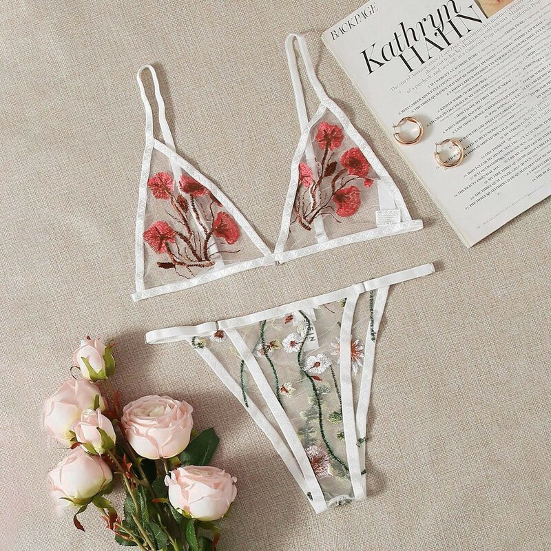 Sexy Women Underwear Transparent Lace Briefs Set Embroidery Flower Erotic Lingerie Lenceria Sensual Mujer Sexy Lingerie Porno