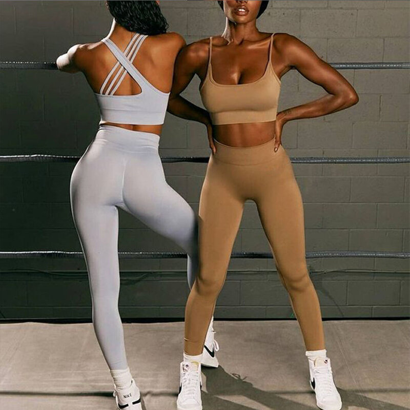 Set Yoga Wanita Mulus Pakaian Olahraga Olahraga Gym Set Olahraga Wanita Atasan Crop Fitness Legging Pinggang Tinggi Setelan Olahraga