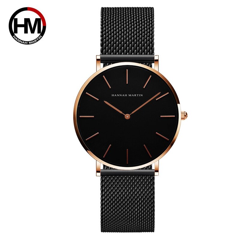 Reloj famoso de Hannah Martin para mujer, pulsera impermeable de malla negra de lujo, relojes de mujer, movimiento japonés informal, regalos