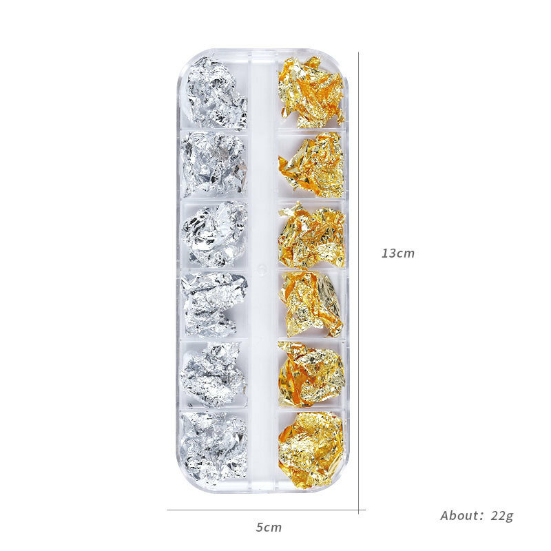 12กริด Nail Sequins Paillette อลูมิเนียมไม่สม่ำเสมอ Flakes Gold Pigment Nail Art ตกแต่งกระจก Glitter Foils กระดาษ