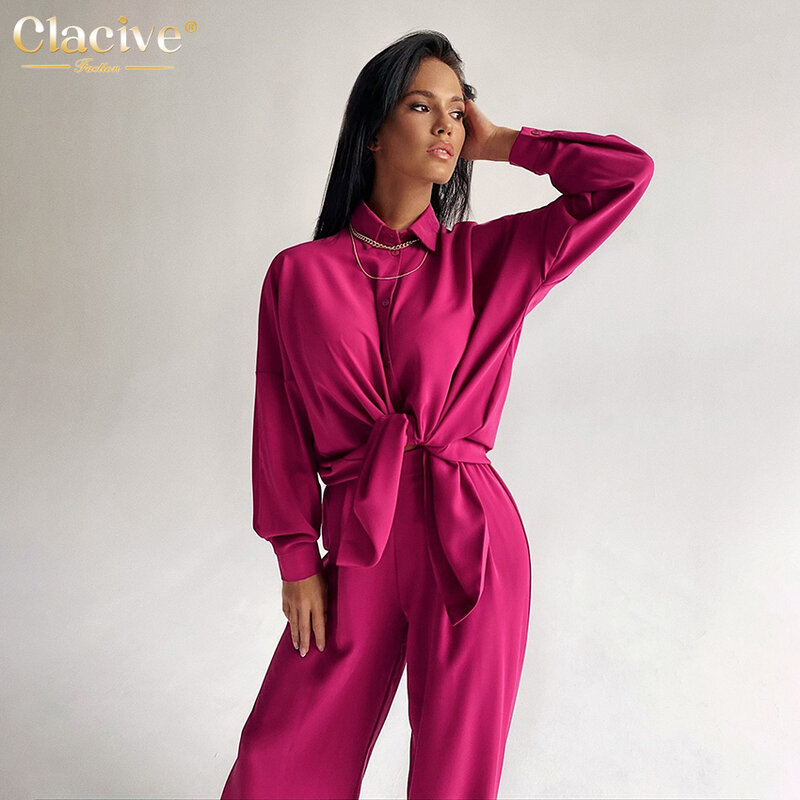 Модная блузка Clacive, комплект из двух предметов, женские повседневные розовые офисные костюмы с высокой талией, элегантные свободные зеленые...