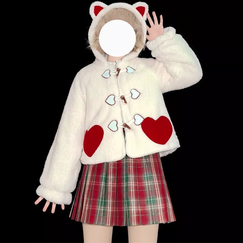Kawaii Lolita Hooded Coat Women Japanese Winter New  Faux Fur Teddy Bear Coats Women`S Cute College Style Soft Furry Warm Coat