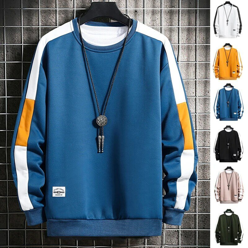 Long Sleeve Harajuku Sweatshirts Men 2021 New Fashion 6 Color Hoodie Mens Casual O-Neck Patchwork Sweatshirt for Young Men