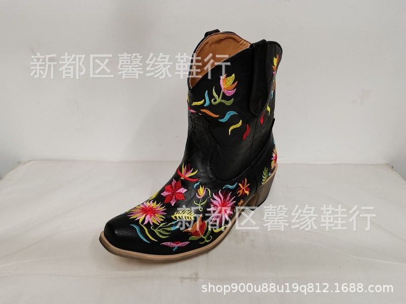 Botas femininas de tornozelo cowboy, bico fino, salto grosso, couro falso, plus size 34-43, preto e branco, casual, outono