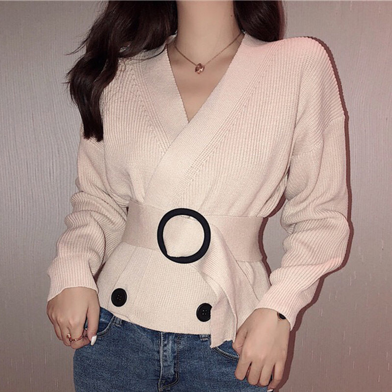 Knitted V-neck Belt Women's Cardigan Sweater Vintage Long Batwing Sleeve Double Breasted Lace Up Short Sweaters Female 2021