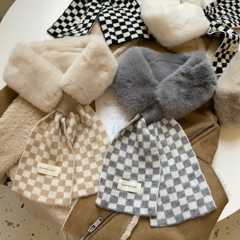 Foulard tricoté à carreaux pour femmes, mode coréenne, épais et chaud, en fausse fourrure de lapin, pour dames, nouvelle collection 2021