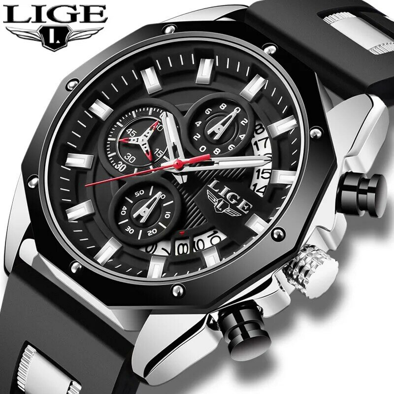 LIGE-스포츠 크로노그래프 남성용 시계, 가죽 밴드 손목 시계, 큰 다이얼 쿼츠 시계, 빛나는 포인터 포함, 2020