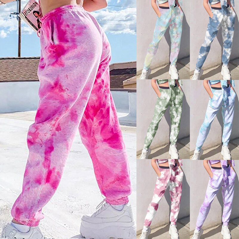 2021 tie dye sweatpants feminino cintura alta elástica calças largas calças streetwear moda calças de jogging