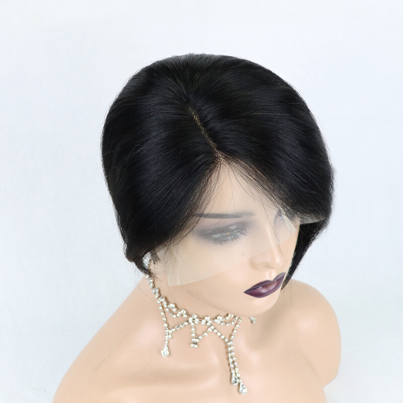 Peluca de cabello humano liso de 13x4, postizo de encaje con cierre Frontal transparente, corte Bob Pixie, color negro