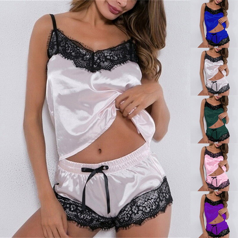 Conjunto de Pijama de encaje satinado para mujer, ropa de dormir Sexy con Top y pantalones cortos, cuello en V, sin mangas, 2020