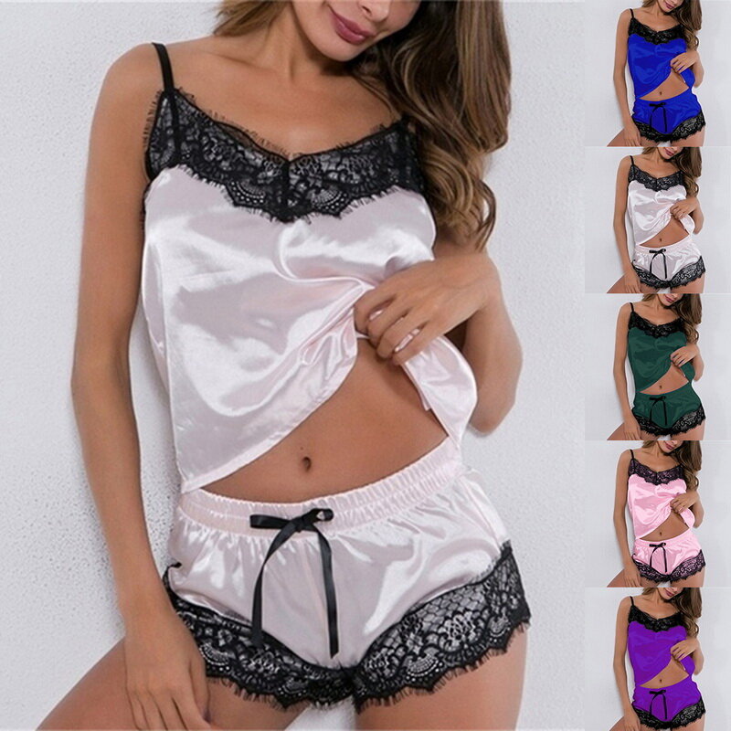 Bộ Đồ Ngủ Nữ Bộ Nhà Phù Hợp Với Đầu Và Quần Short Sexy Cổ Chữ V Satin Phối Ren Đồ Ngủ Pijama Nhà Quần Áo Dành Cho Nữ 2020