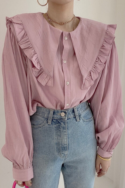 Camisa coreana para mujer, blusa elegante con solapa grande bordado de borde, diseño de una sola hilera de botones, manga larga informal suelta