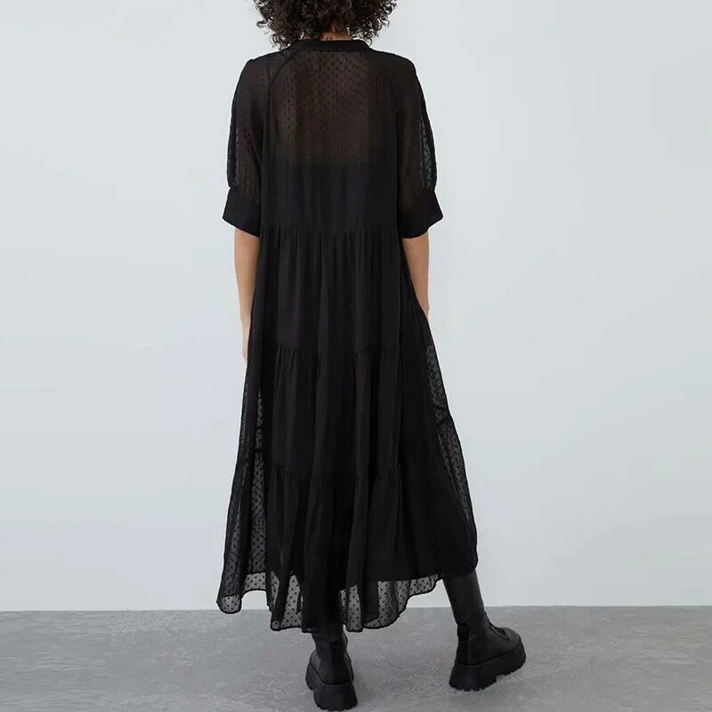 Vestido de gasa negro para mujer, Vestido largo de media manga con cuello alto, transparente con lunares, sexy, para fiesta, gran oferta
