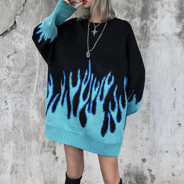 Женский жаккардовый свитер, пуловер в стиле хип-хоп с принтом пламени для пары, Свободный Вязаный топ, новинка 2021