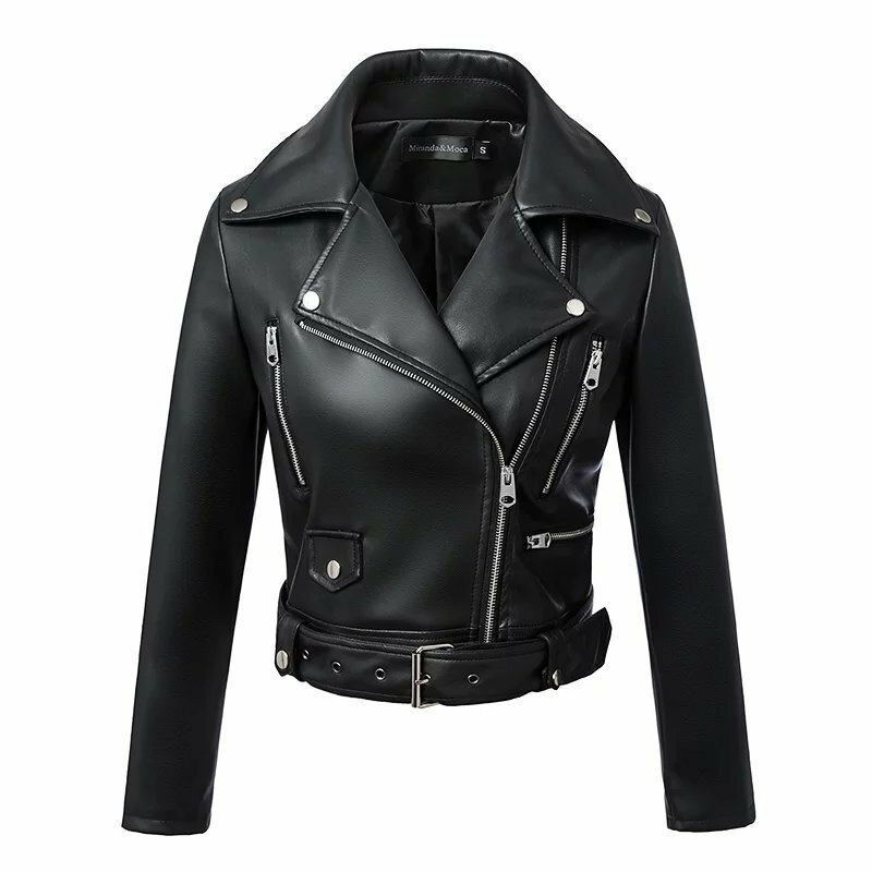 Ailegogo-女性用の黒い合成皮革ジャケット,ジッパー付きの基本的なコート,ベルト付きのバイカーモーター,春と秋