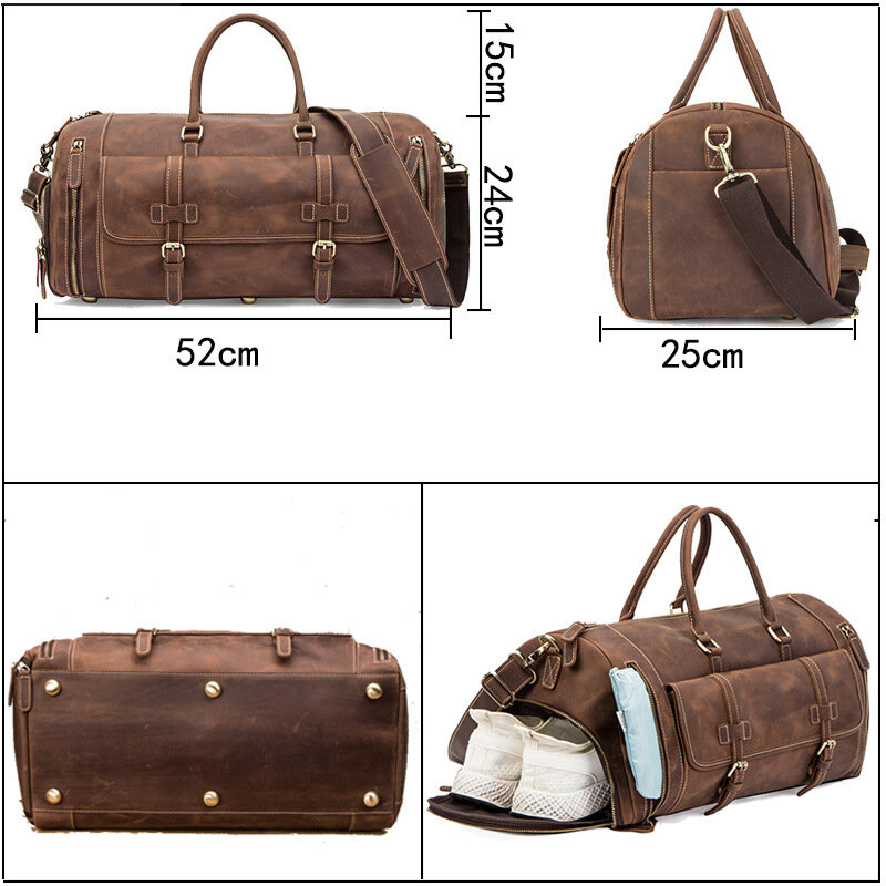 Vintage Crazy Horse Leather Travel Bag With Shoe Pocket 20-26 Inch Big Capacity Large Messenger Real Leather Weekend Luggage Bag