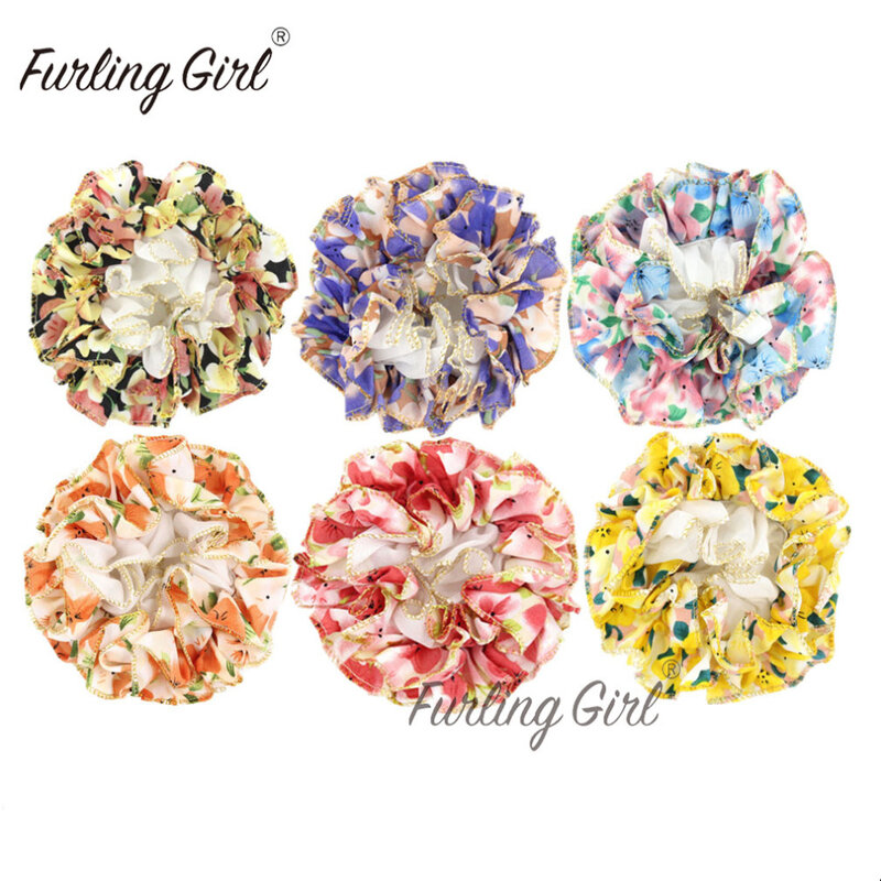 Furling Girl-gomas para el pelo de gasa para mujer, cintas para el pelo con estampado Floral y ribete dorado, accesorios para el cabello de calidad