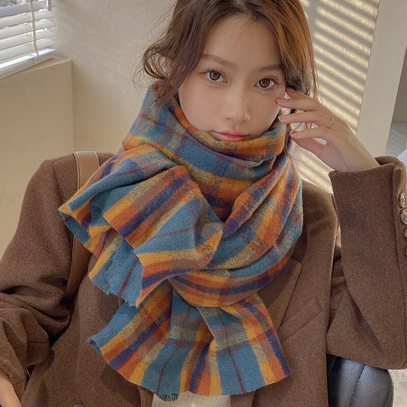 Lenço de caxemira xadrez retro feminino inverno coreano scarfs xale quente pescoço cachecol bandana feminino lenços de natal ano novo neckscarf