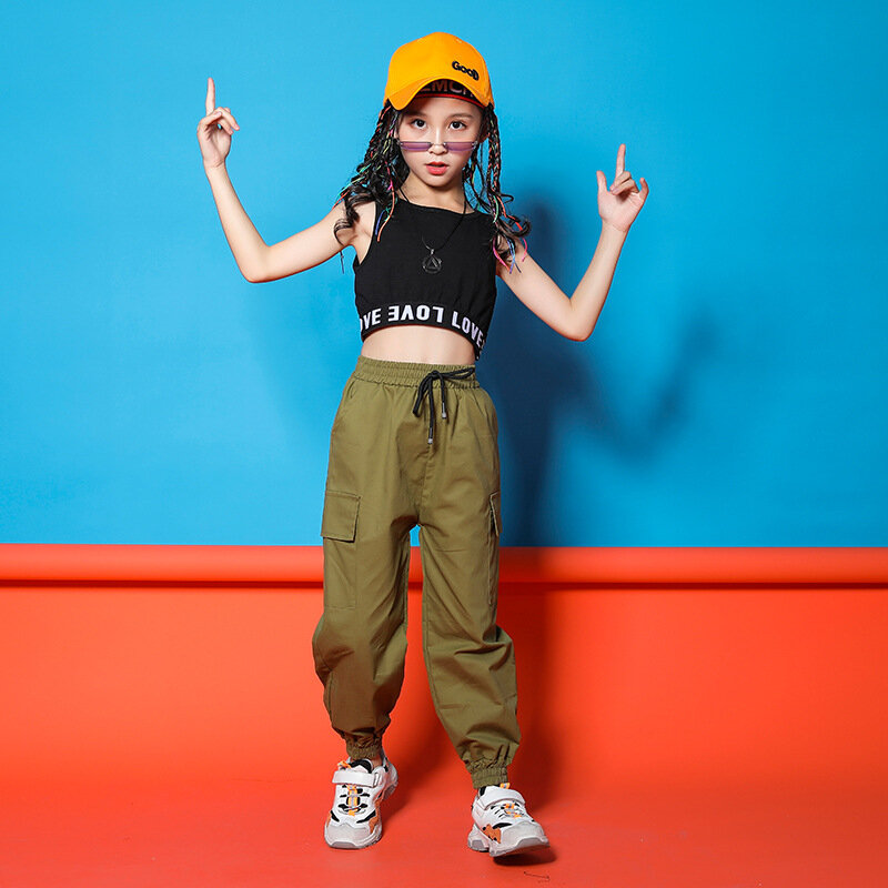 Kid Hip Hop Clothing Crop Tank Top Vest Streetwear Military Tactical Cargo Jogger Pants for Girls Jazz Dance Costume Clothes
