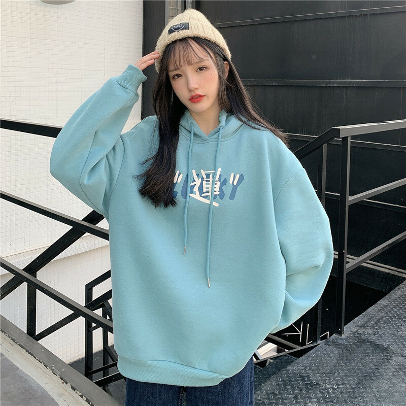 Carta de impressão moletom estilo chinês feminino hoodies 7 cores algodão lã quente inverno pullovers outono casual streetwear meninas