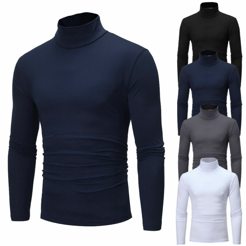 Camiseta de algodão de manga comprida, camiseta masculina de gola alta com elástico slim básica, novo pulôver de gola de tartaruga em rolo