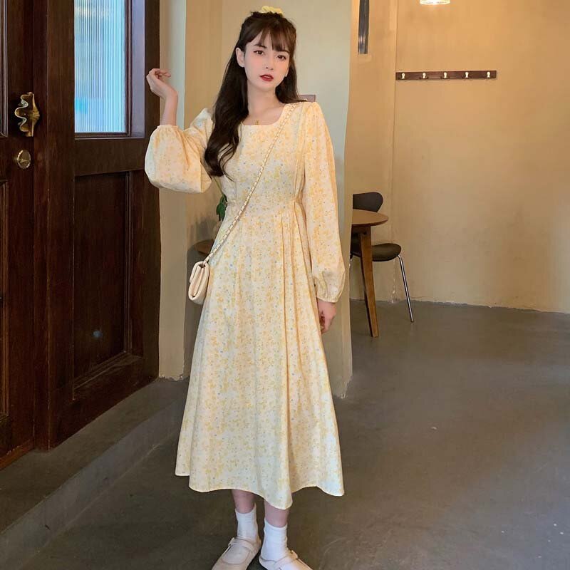 Gaun Panjang Prancis Wanita Manis Sederhana Musim Gugur Bunga Chic Wanita Vestidos Mode Korea Wanita Preppy Pakaian Lengan Panjang A-Line