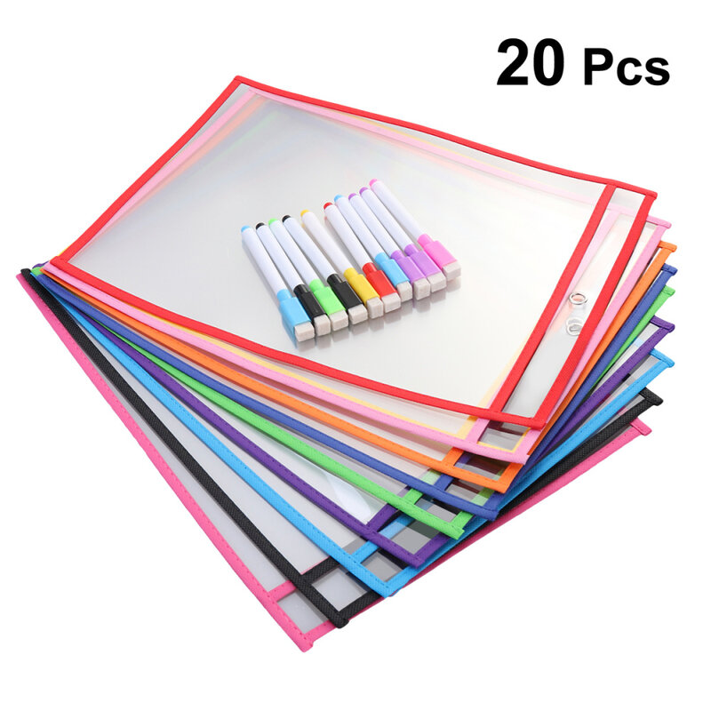 10 Standard Bags 10 Pens Multi-Functional Transparent Dry Erase Pocket Storage PVC Sewing Bag For School Office Kids Students