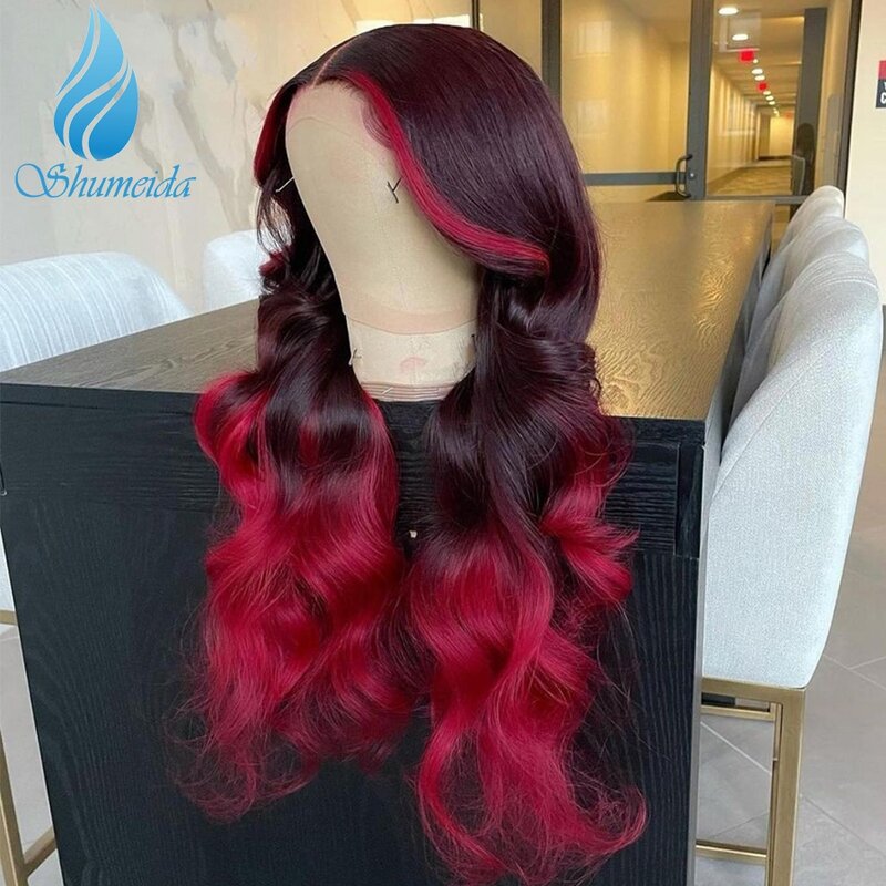 Shumeida Ombre Red Color 13*4 Lace Front Wigs Peruvian Remy Human Hair Body Wave Glueless Wig with Baby Hair Preplucked Hairline