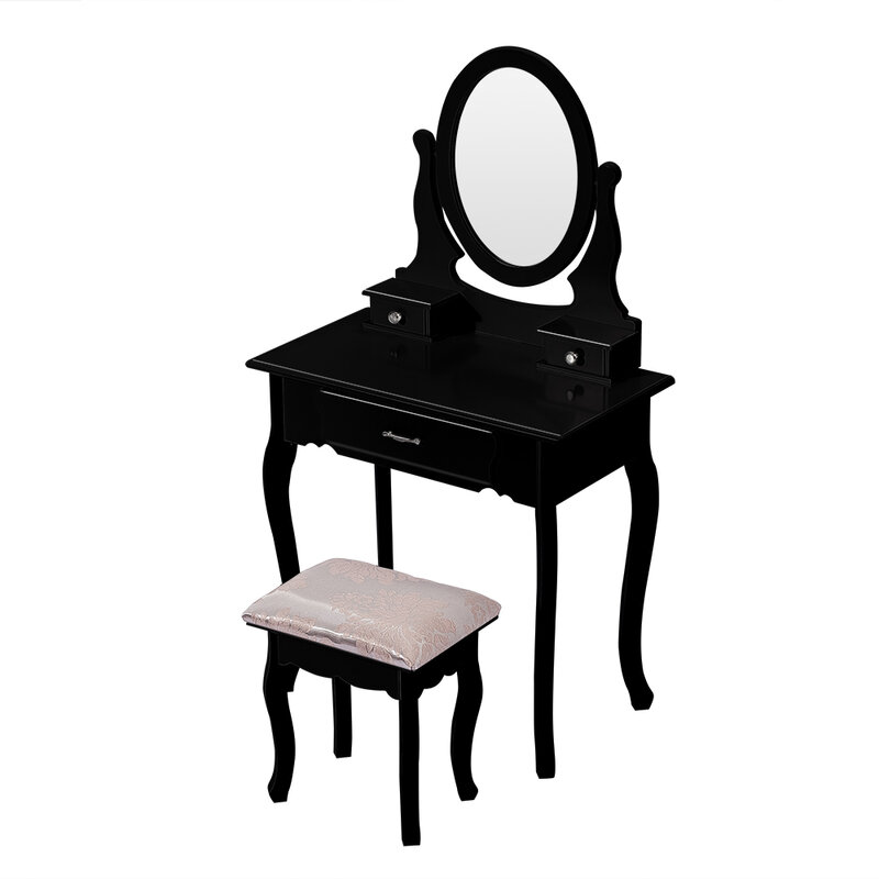 Toaletka do makijażu Retro z litego drewna sosnowego ze stołkiem, 5 schowków, rzeźbione szuflady, regulowane lustra, w stylu Retro, biały/czarny