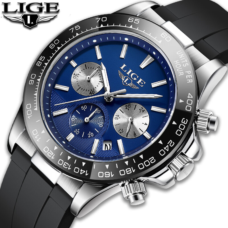 Lige marca de luxo relógio masculino casual quartzo cronógrafo grande dial relógio de pulso banda silicone esporte à prova dwaterproof água relogio masculin