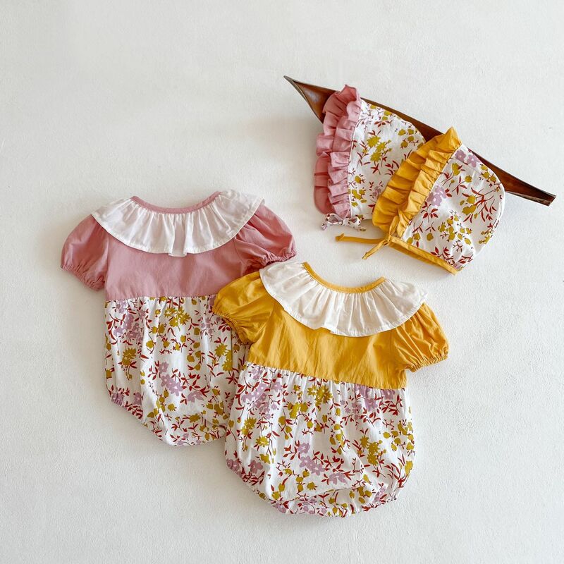 Ygブランド子供服夏新女の赤ちゃんの蓮の葉の襟三角形クライミングスーツバブルスリーブ花ワンのスーツ