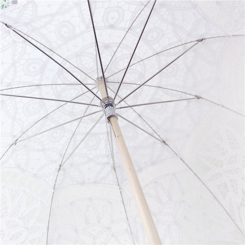 Paraguas de girasol de encaje para novia, accesorios de decoración de boda de estilo europeo bordado, color blanco puro, mango de madera